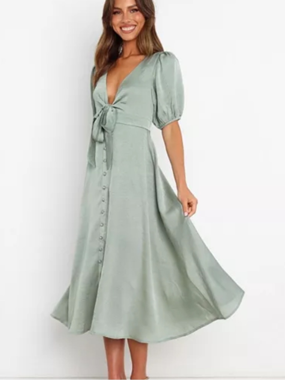 NWT Petal & Pup Piper Sage Tie-Front Midi Dress